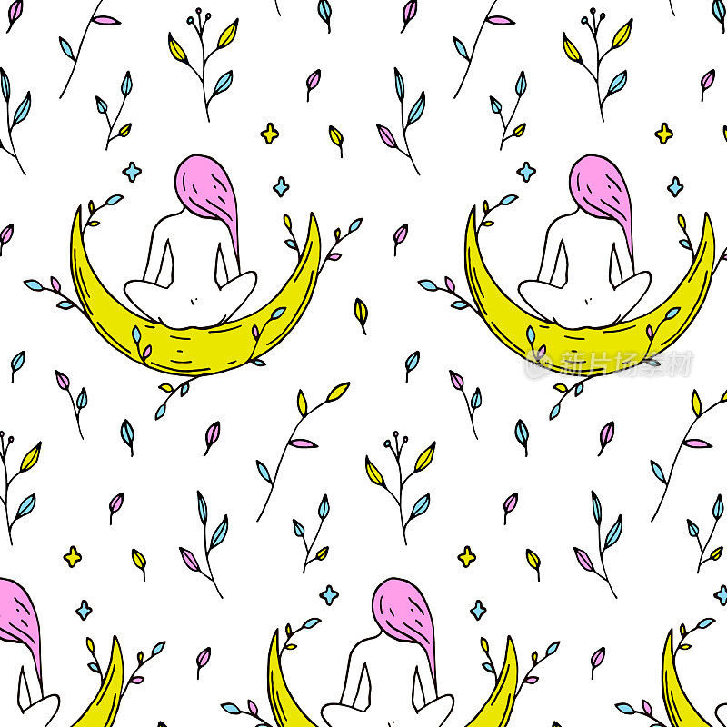 Hand drawn seamless pattern with women sitting on a half moon. Vector illustration. Spring collection